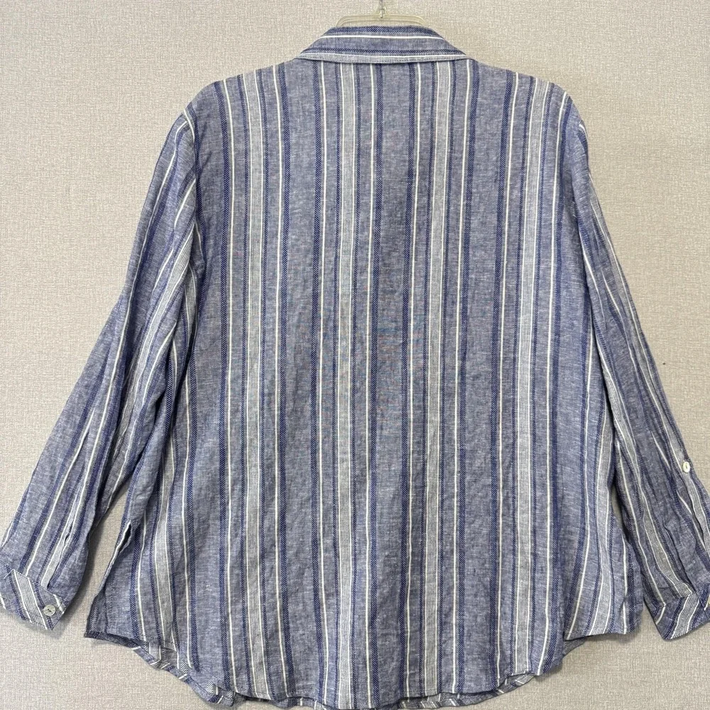 Susan‎ Graver Shirt Womens Petite Large Blue Stripe Linen Button Long Sleeve - Picture 3 of 8